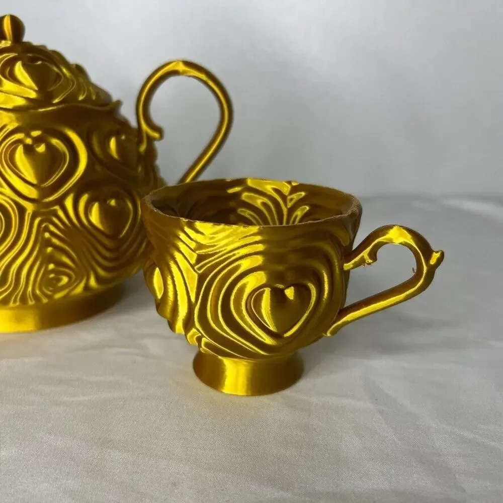 Gold Heart Tea Set Teapot with 2 Cups Ornate Textured Design Decorative Plastic